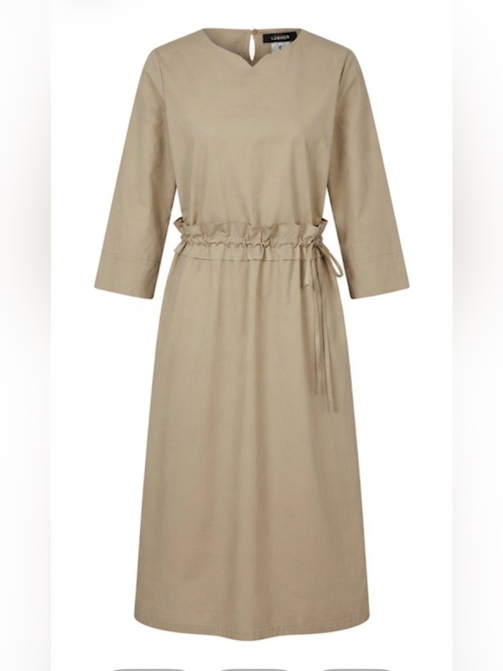 🤎 LÚGNER Tan Cotton Drawstring Midi Dress Size 12 NWOT